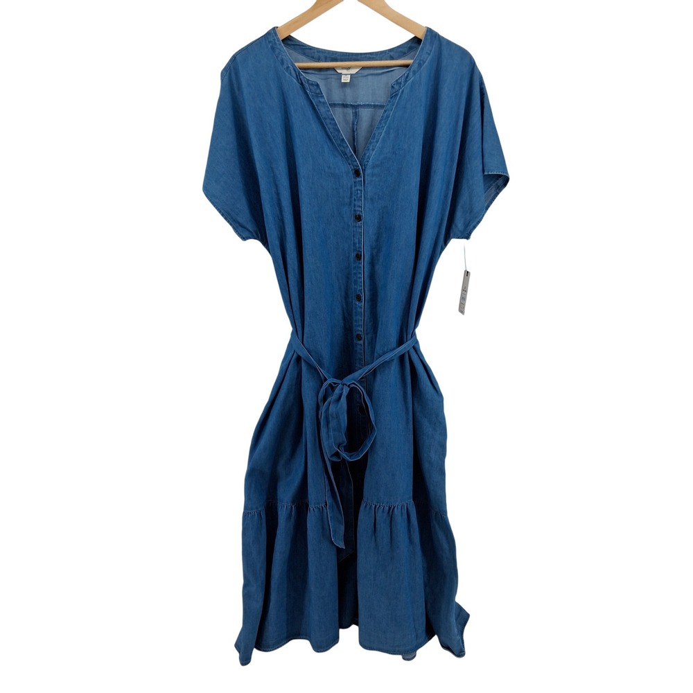 Terra & Sky Plus Size 1X Chambray Midi Dress Boho Button Front Belted Tiered Hem